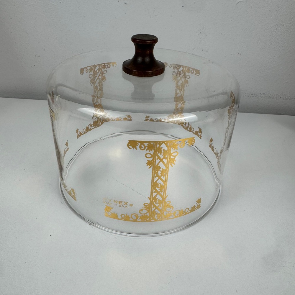 Vtg Pyrex Golden Trellis Glass Cheese Dome Cover Only Wood Knob USA